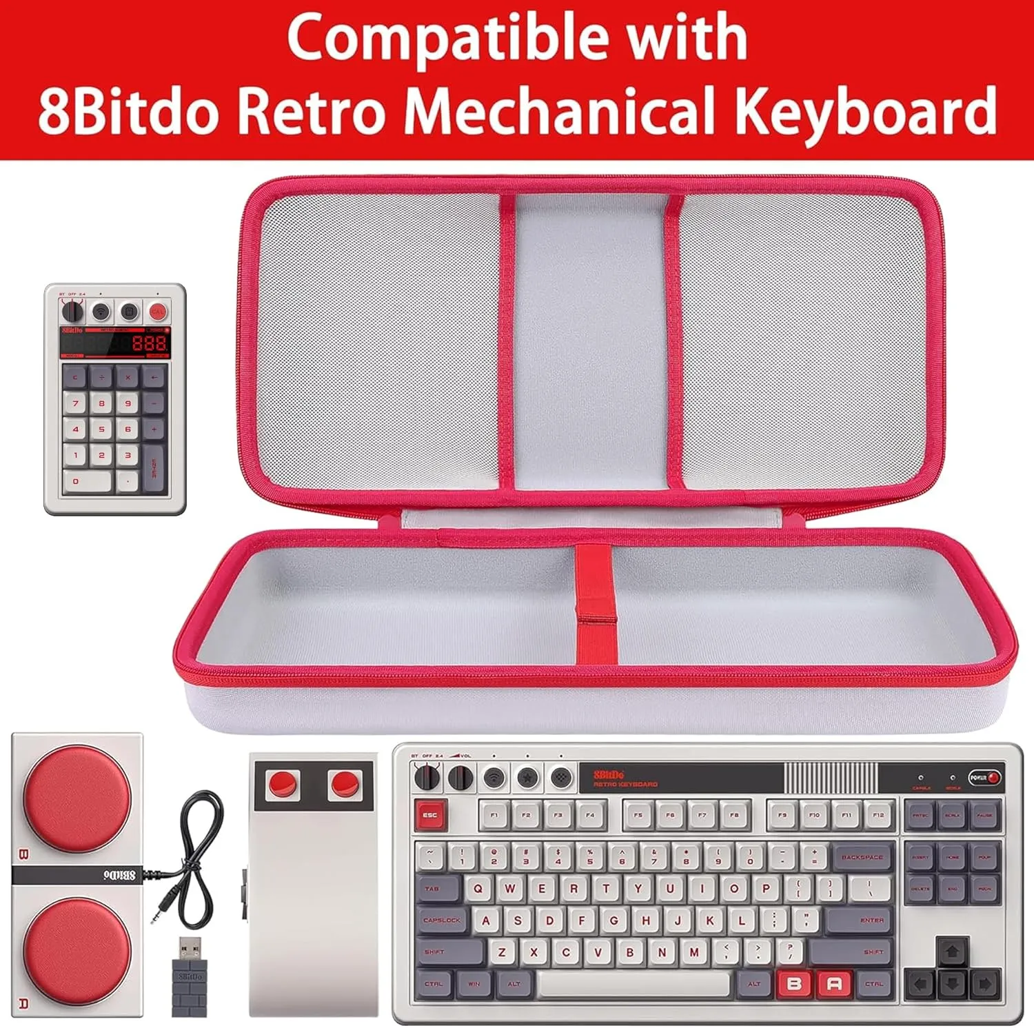 co2CREA Hard Travel Case Compatible with 8BitDo Retro 18 Mechanical Numpad (White Case and Red Zipper)
