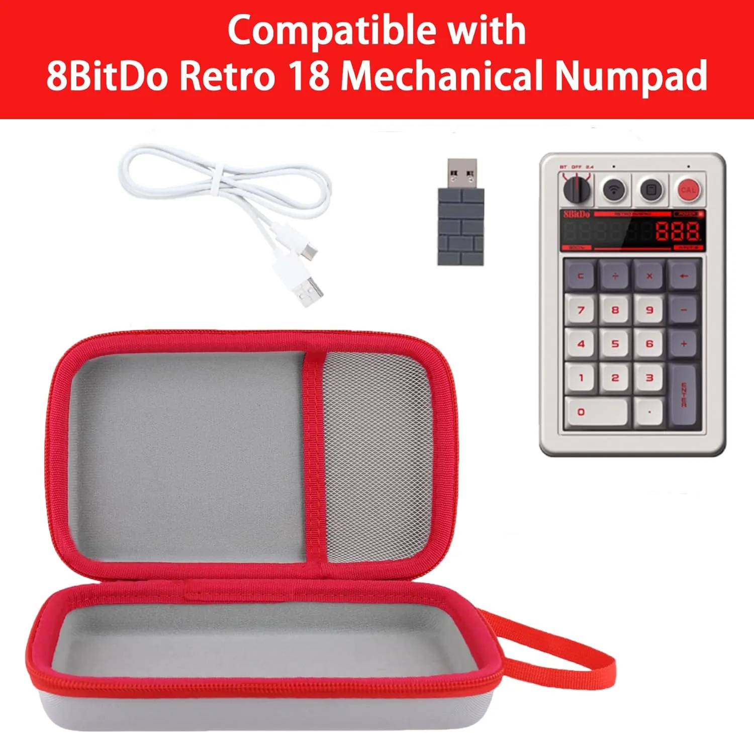 co2CREA Hard Travel Case Compatible with 8BitDo Retro 18 Mechanical Numpad (White Case and Red Zipper)
