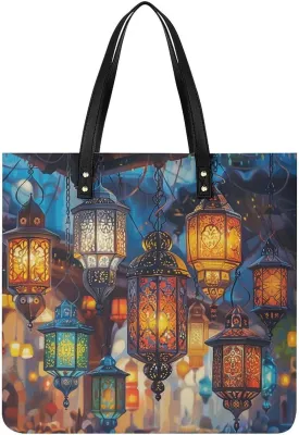 Colorful Lantern Pictures Handbag Leather Tote Shoulder Bag Satchel Handbag with Top Handles Large Casual Handbags with Shoulder Work Bag for Women Travel Purse Dating Gift