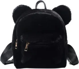 Cute Fuzzy Bear Ears Backpack Kawaii Soft Fluffy Casual Daypack Mini Shoulder Bag Purse for Girls (Black)