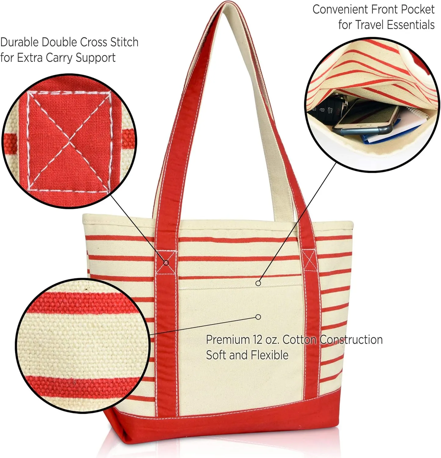 DALIX Small Stripe Tote Deluxe Shoulder Bag Cotton Canvas in Red