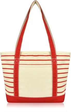 DALIX Small Stripe Tote Deluxe Shoulder Bag Cotton Canvas in Red