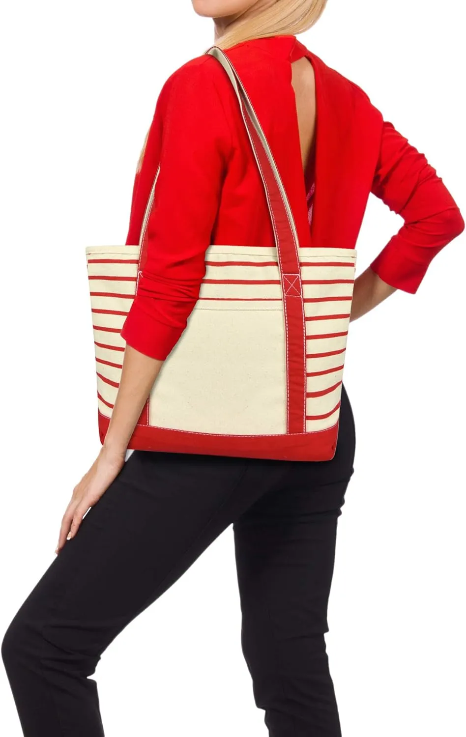 DALIX Small Stripe Tote Deluxe Shoulder Bag Cotton Canvas in Red