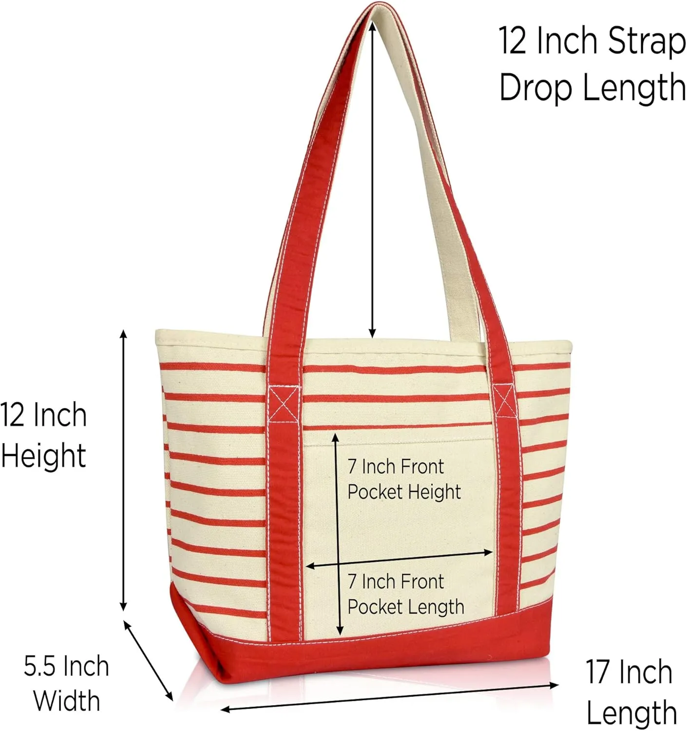 DALIX Small Stripe Tote Deluxe Shoulder Bag Cotton Canvas in Red