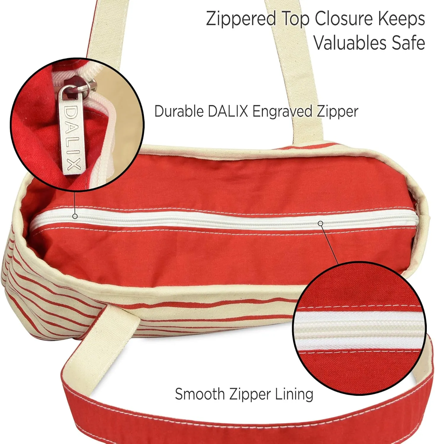 DALIX Small Stripe Tote Deluxe Shoulder Bag Cotton Canvas in Red