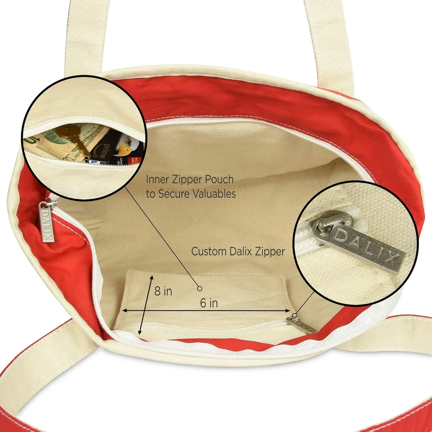 DALIX Small Stripe Tote Deluxe Shoulder Bag Cotton Canvas in Red