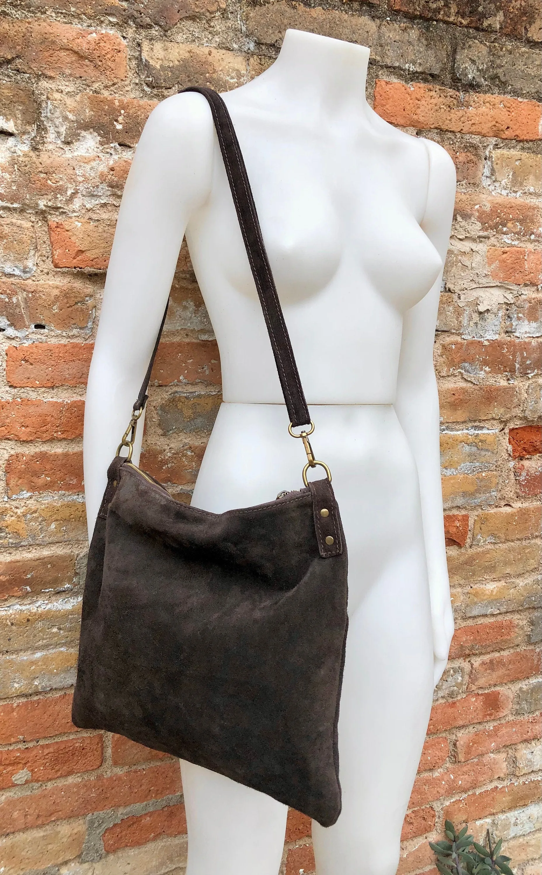 Dark brown suede messenger bag: 1 GUITAR strap   1 suede strap. Genuine leather crossbody / shoulder bag. Brown purse   embroidered strap