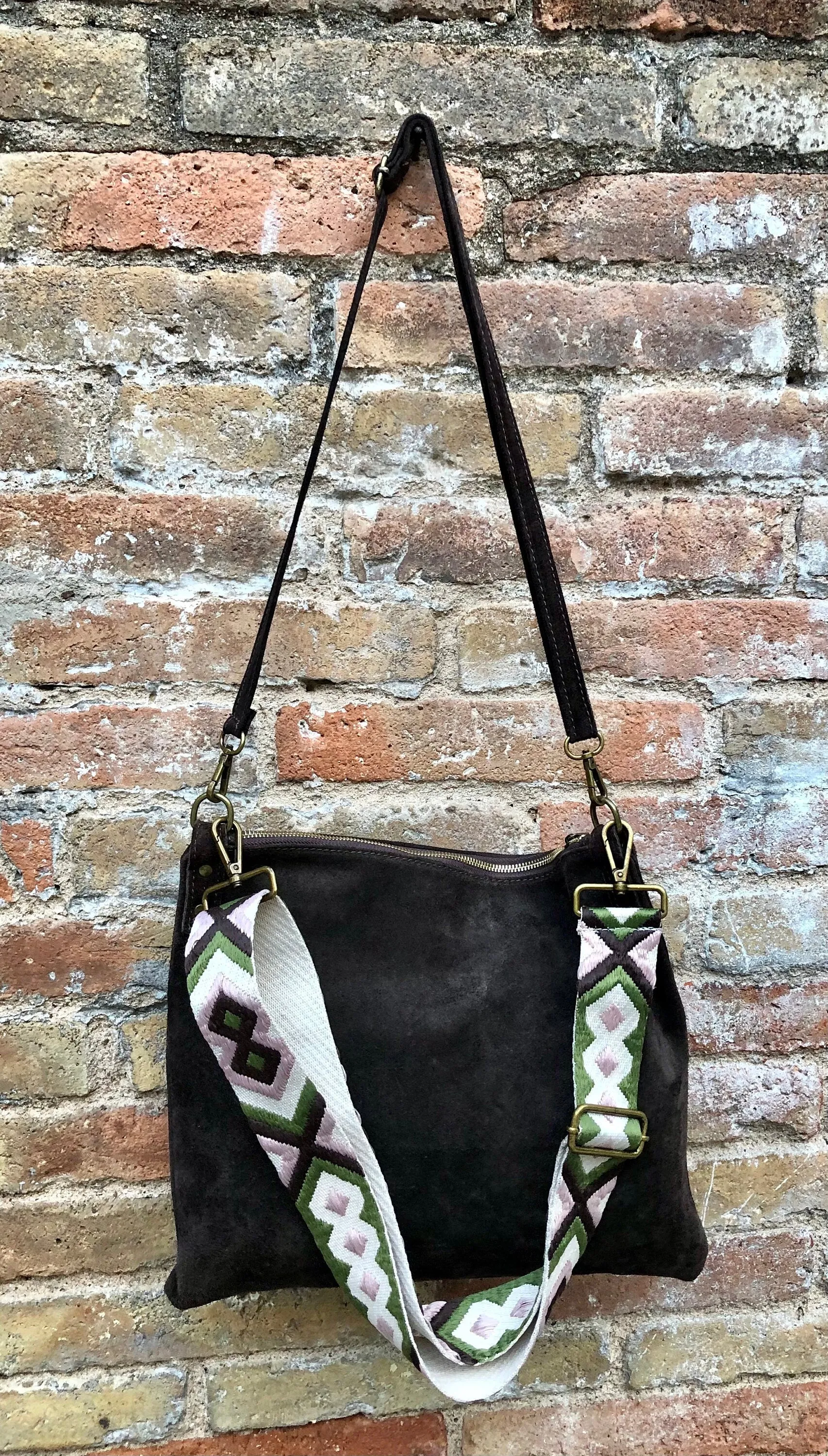 Dark brown suede messenger bag: 1 GUITAR strap   1 suede strap. Genuine leather crossbody / shoulder bag. Brown purse   embroidered strap