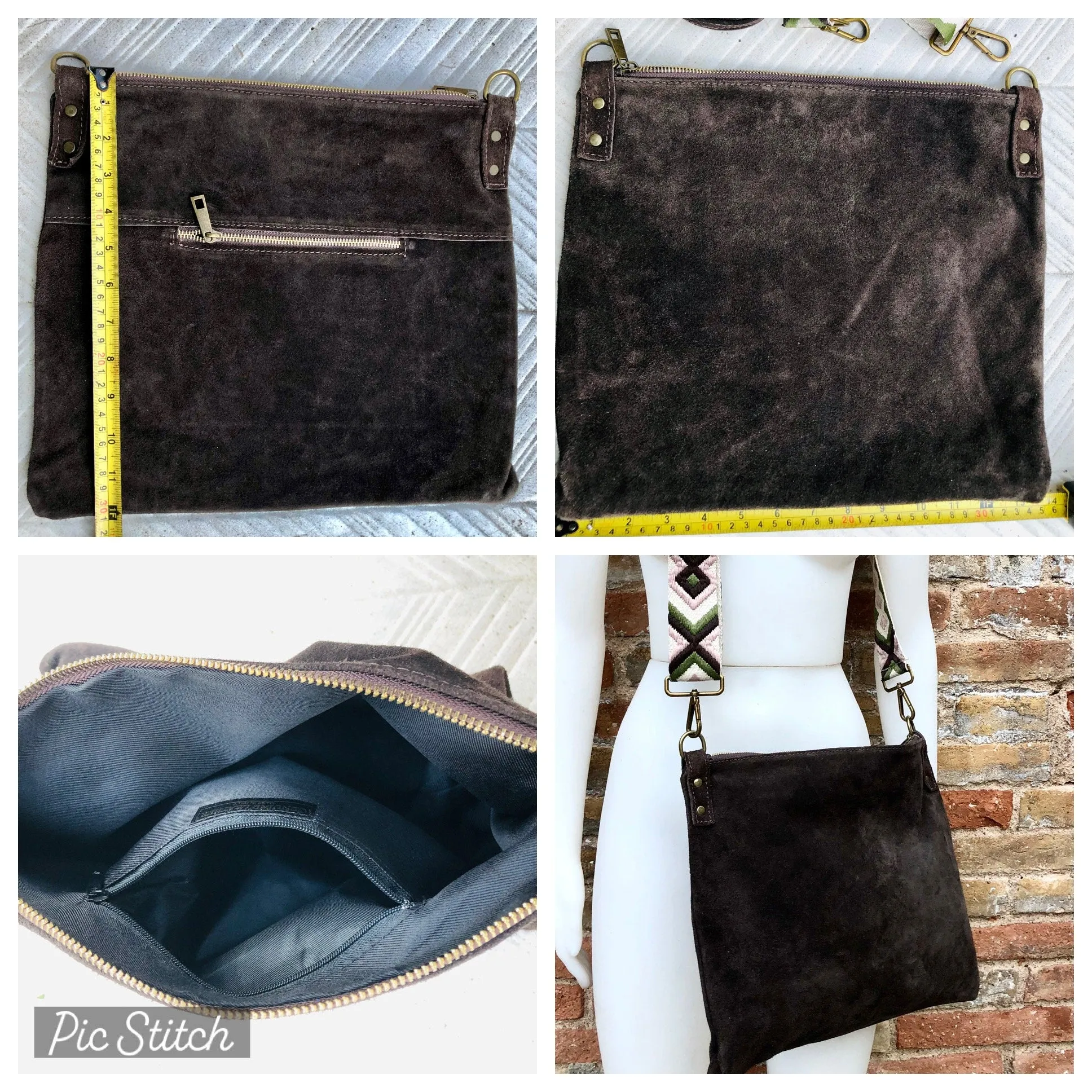 Dark brown suede messenger bag: 1 GUITAR strap   1 suede strap. Genuine leather crossbody / shoulder bag. Brown purse   embroidered strap