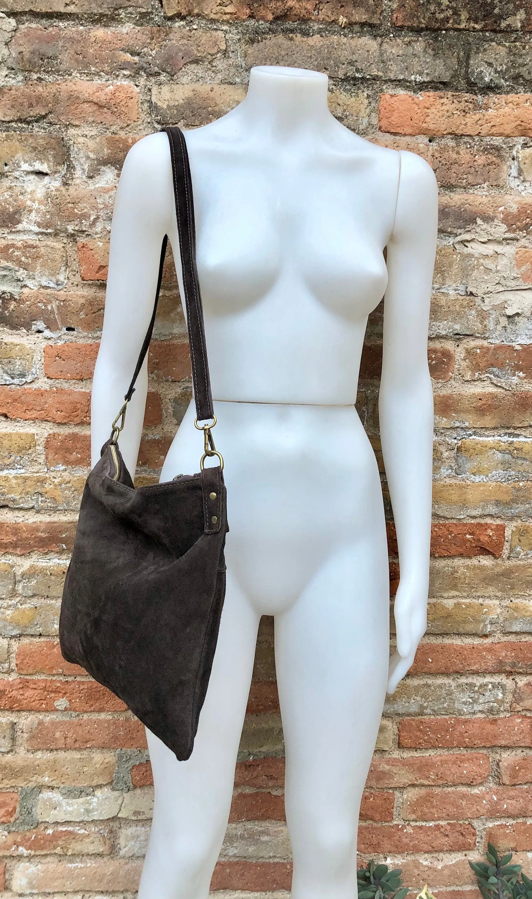 Dark brown suede messenger bag: 1 GUITAR strap   1 suede strap. Genuine leather crossbody / shoulder bag. Brown purse   embroidered strap