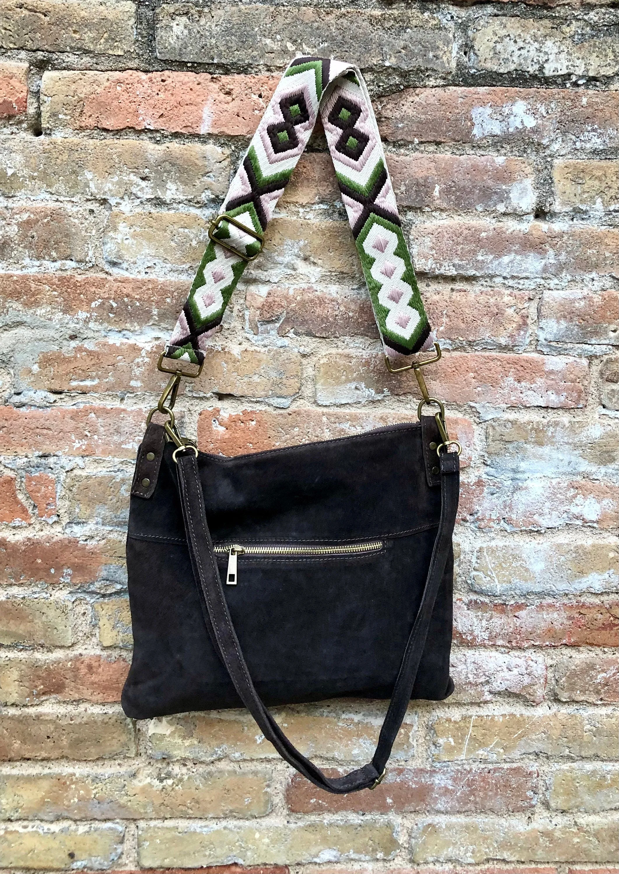 Dark brown suede messenger bag: 1 GUITAR strap   1 suede strap. Genuine leather crossbody / shoulder bag. Brown purse   embroidered strap
