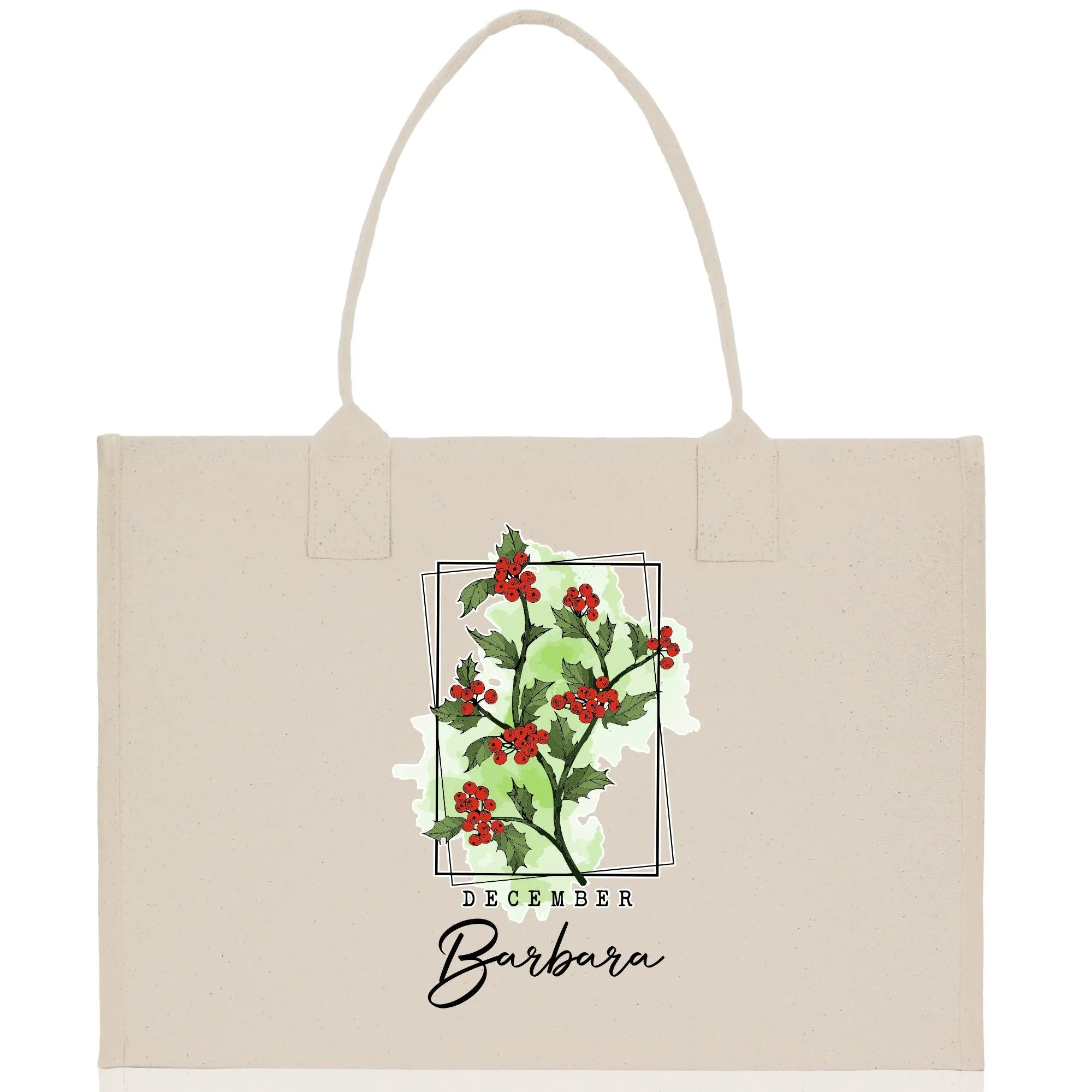 December Birth Month Flower Personalized Name Cotton Canvas Tote Bag Custom Flower Birthday Gift Bag Wedding Gift for Her Bridal Bridesmaid