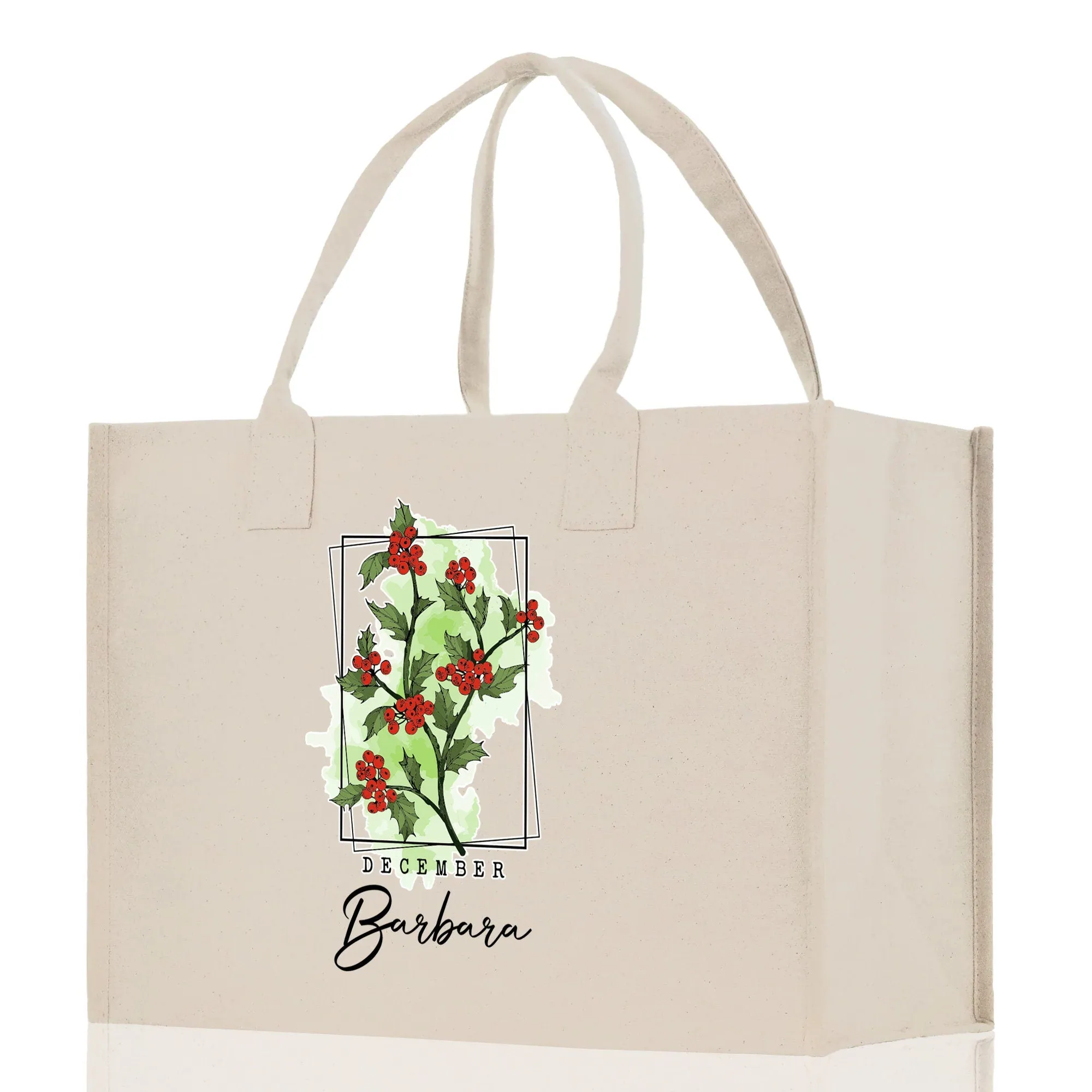 December Birth Month Flower Personalized Name Cotton Canvas Tote Bag Custom Flower Birthday Gift Bag Wedding Gift for Her Bridal Bridesmaid