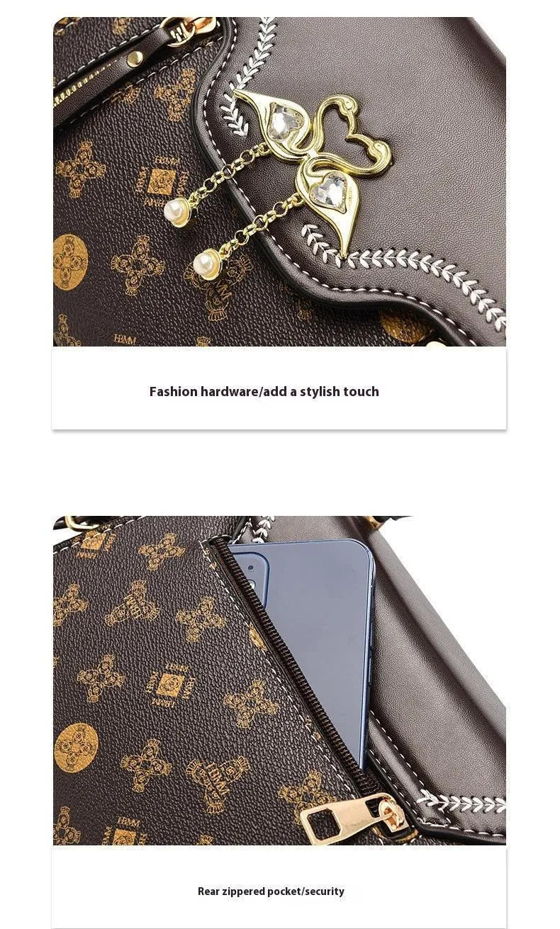 Elegant European Retro Shoulder Bag with Gold Flamingo Detail and Printed Design
