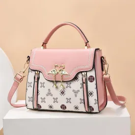 Elegant European Retro Shoulder Bag with Gold Flamingo Detail and Printed Design