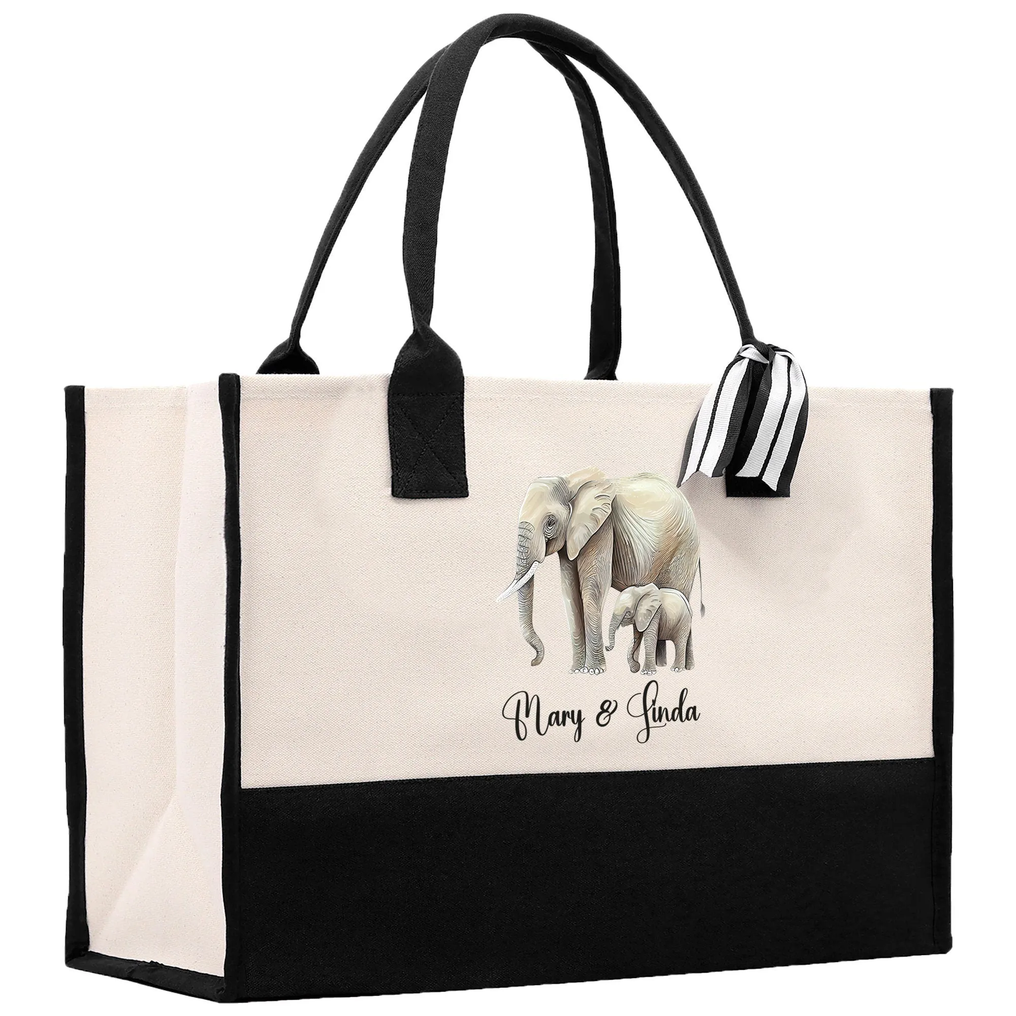 Elephant Mom And Baby Name Custom Cotton Canvas Tote Bag Custom Pet Lover Gift Pet Portrait Bag Personalized Pet Owner Gift Tote Bag