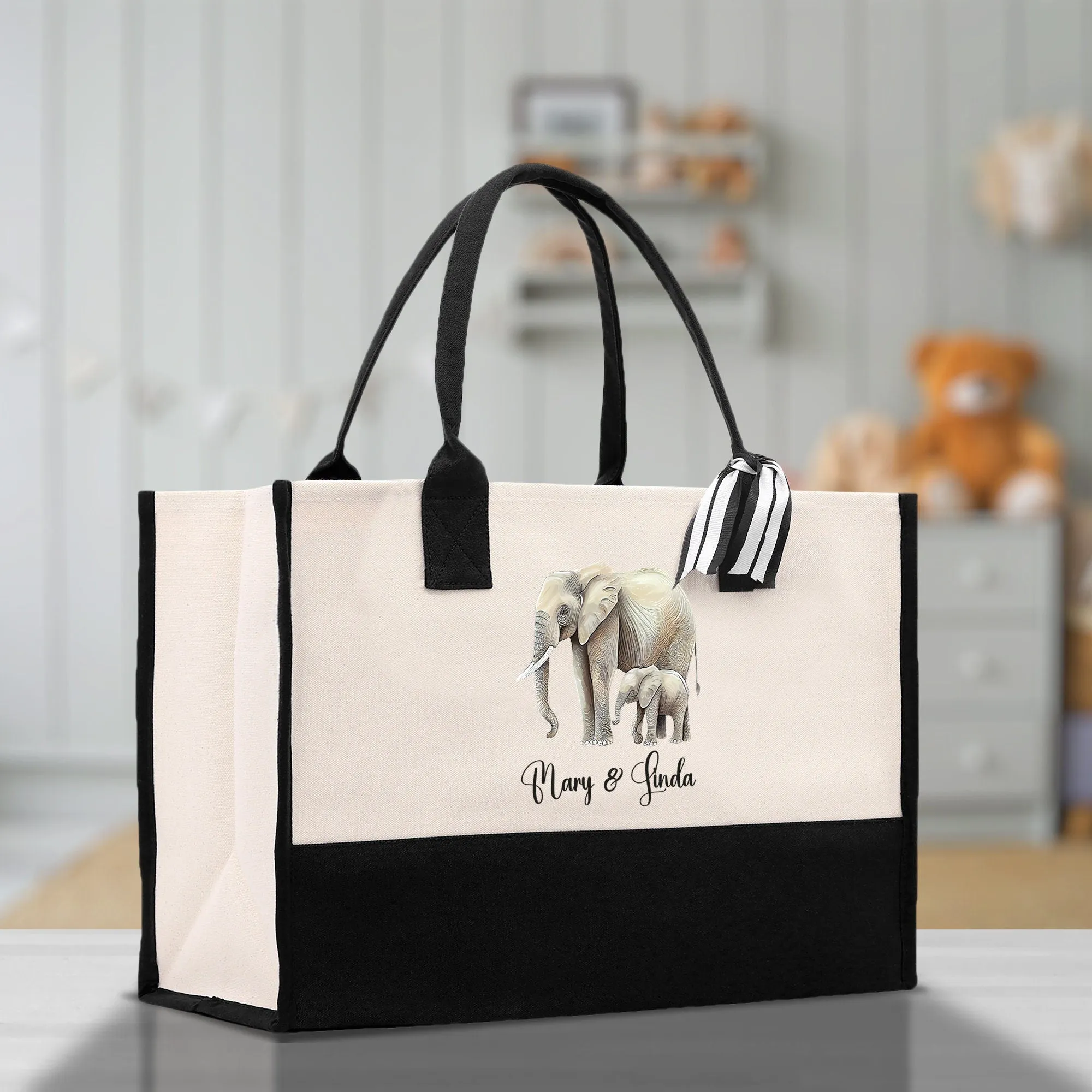 Elephant Mom And Baby Name Custom Cotton Canvas Tote Bag Custom Pet Lover Gift Pet Portrait Bag Personalized Pet Owner Gift Tote Bag