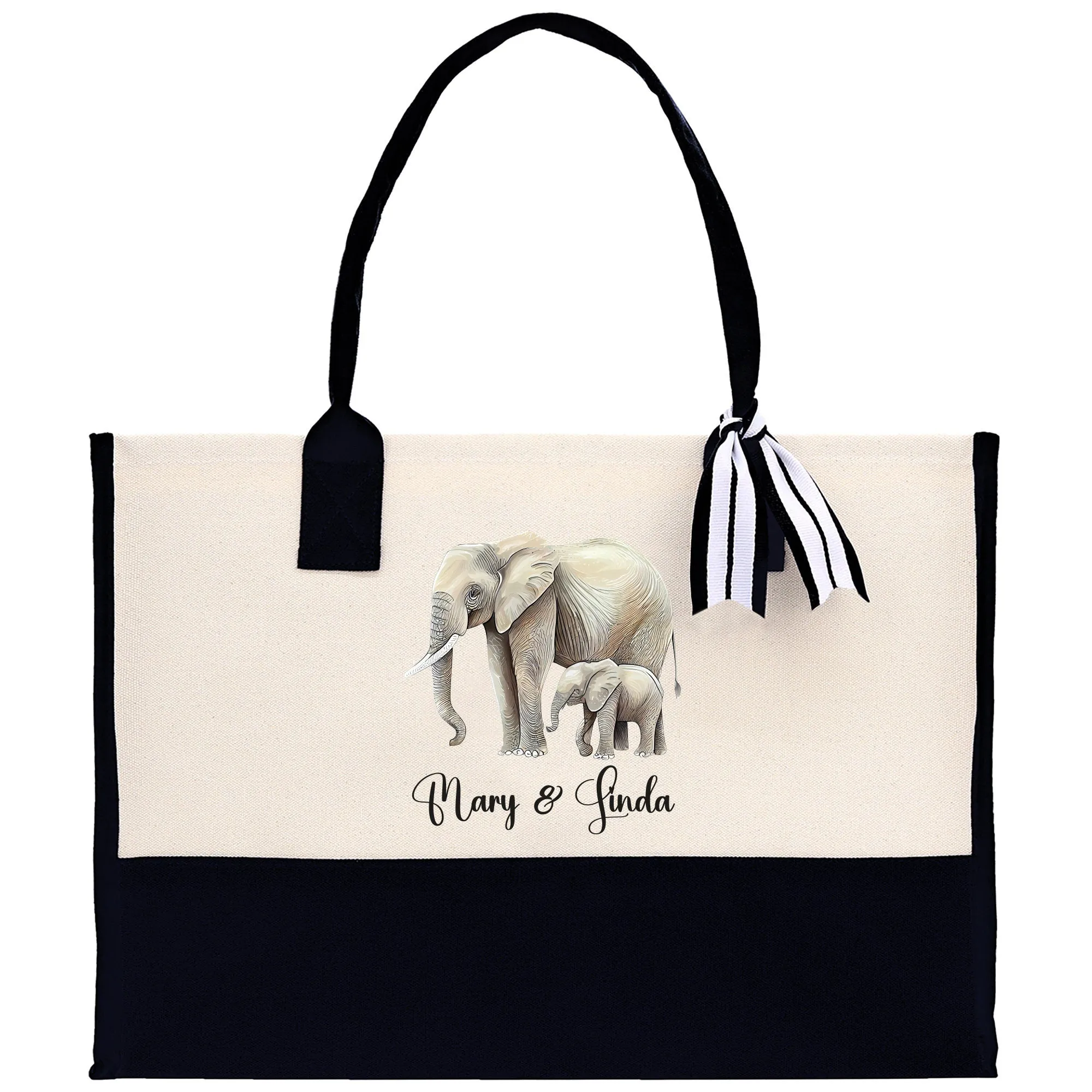 Elephant Mom And Baby Name Custom Cotton Canvas Tote Bag Custom Pet Lover Gift Pet Portrait Bag Personalized Pet Owner Gift Tote Bag