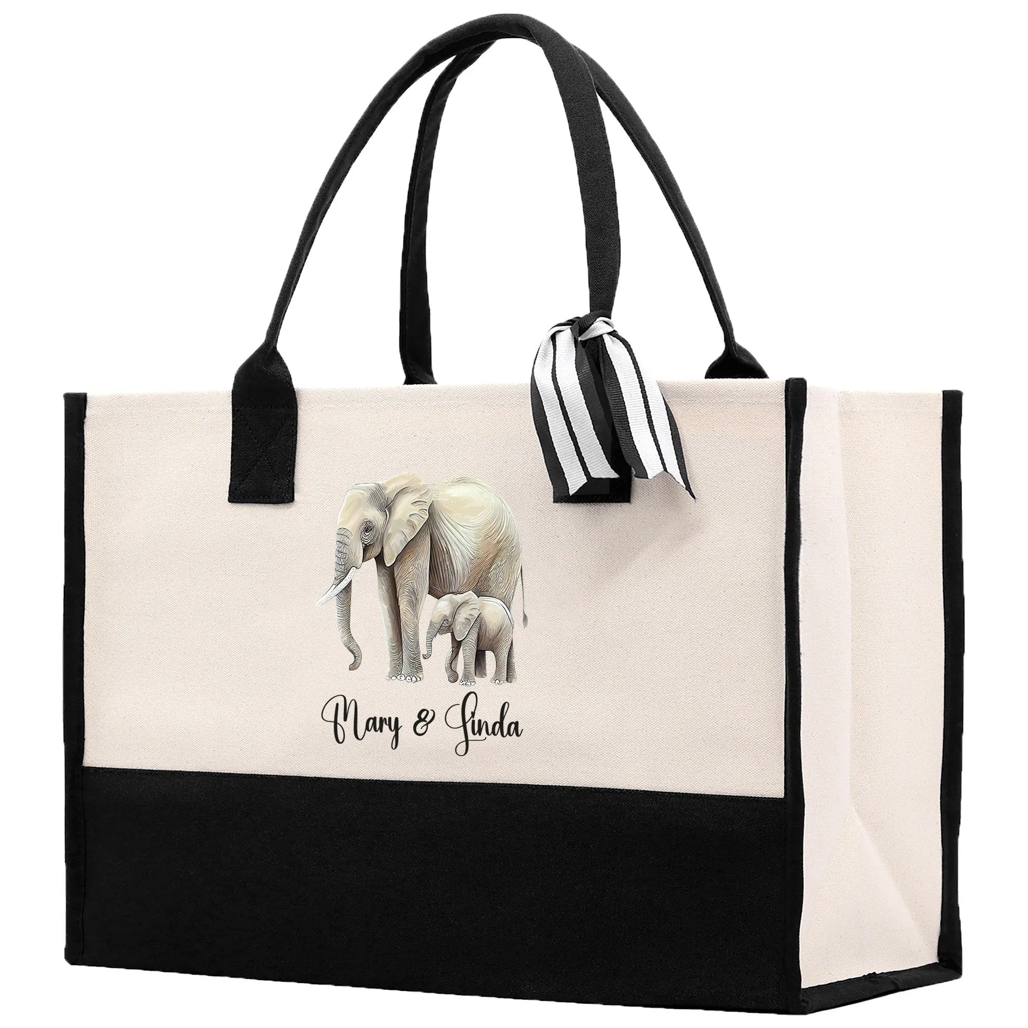 Elephant Mom And Baby Name Custom Cotton Canvas Tote Bag Custom Pet Lover Gift Pet Portrait Bag Personalized Pet Owner Gift Tote Bag