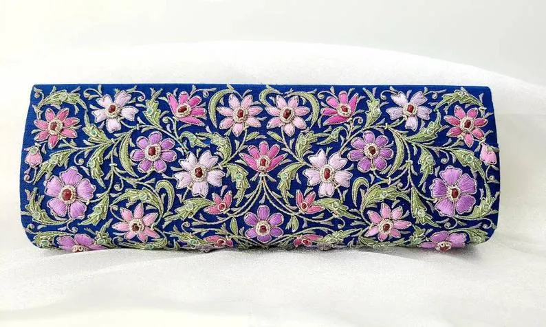 Embroidered Blue and Lavender Silk Floral Rectangle Clutch with Emerald and Rubies
