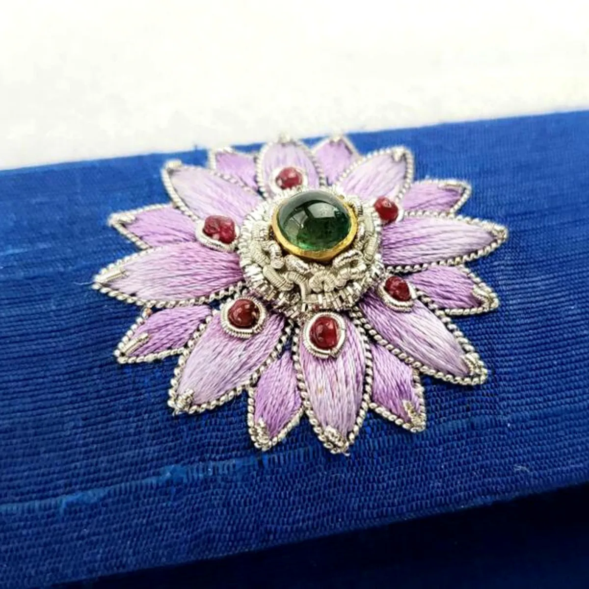 Embroidered Blue and Lavender Silk Floral Rectangle Clutch with Emerald and Rubies