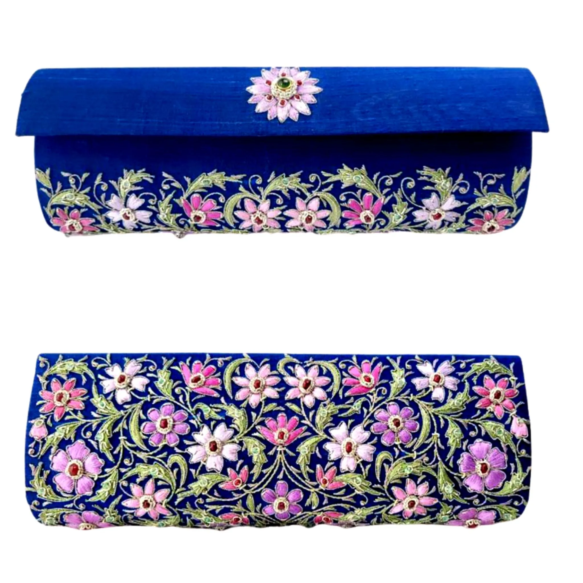 Embroidered Blue and Lavender Silk Floral Rectangle Clutch with Emerald and Rubies