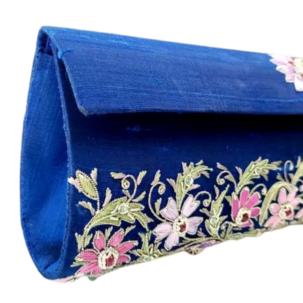 Embroidered Blue and Lavender Silk Floral Rectangle Clutch with Emerald and Rubies