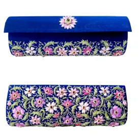 Embroidered Blue and Lavender Silk Floral Rectangle Clutch with Emerald and Rubies