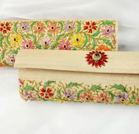 Embroidered Floral Gold Silk Rectangle Clutch with Ruby Beads