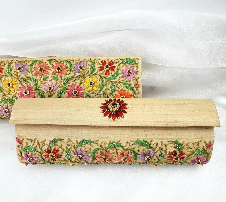 Embroidered Floral Gold Silk Rectangle Clutch with Ruby Beads