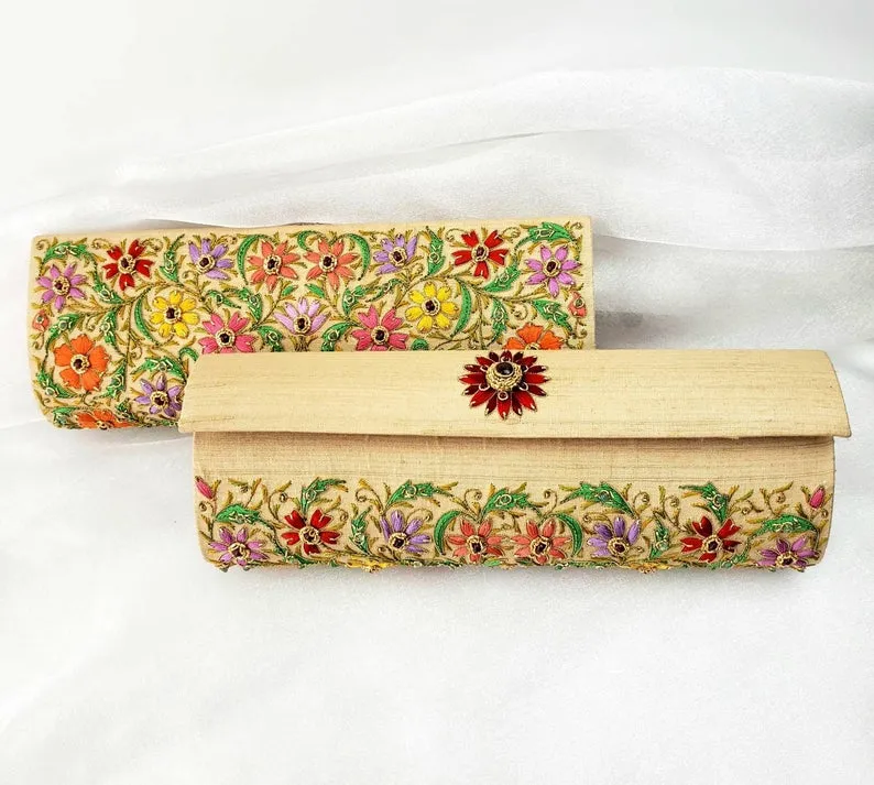 Embroidered Floral Gold Silk Rectangle Clutch with Ruby Beads