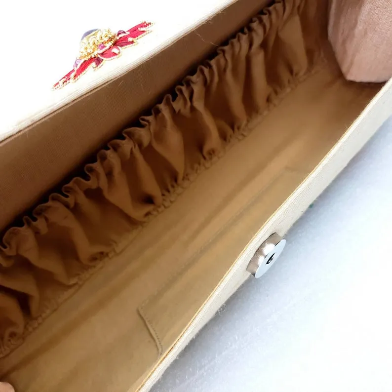 Embroidered Floral Gold Silk Rectangle Clutch with Ruby Beads