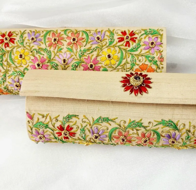 Embroidered Floral Gold Silk Rectangle Clutch with Ruby Beads