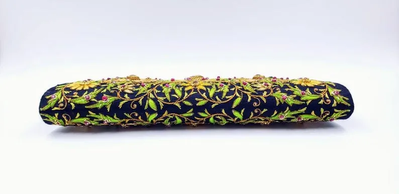 Embroidered Gold Floral Silk Evening Bag with Citrine and Ruby