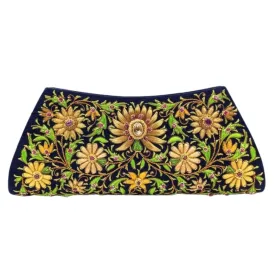 Embroidered Gold Floral Silk Evening Bag with Citrine and Ruby