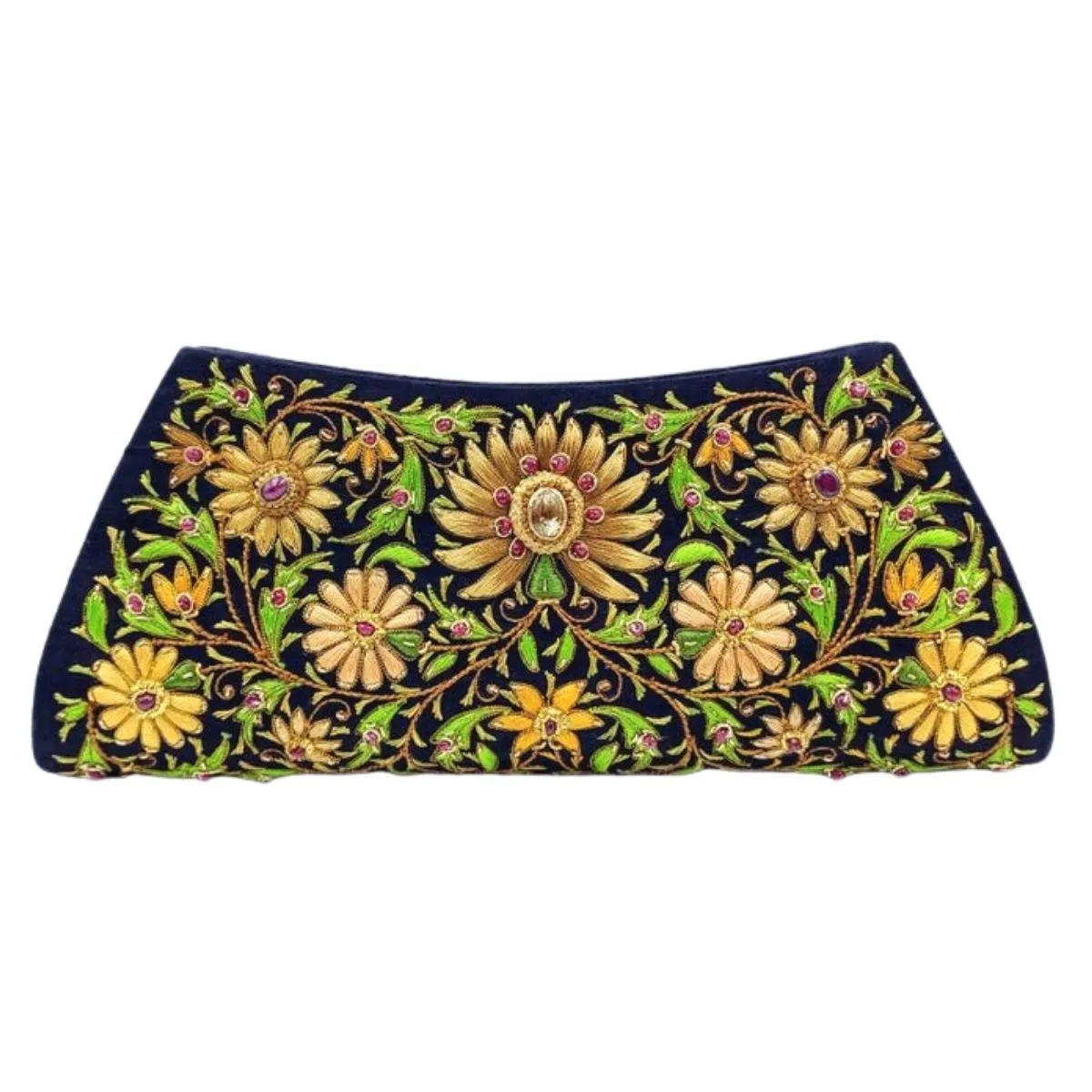 Embroidered Gold Floral Silk Evening Bag with Citrine and Ruby