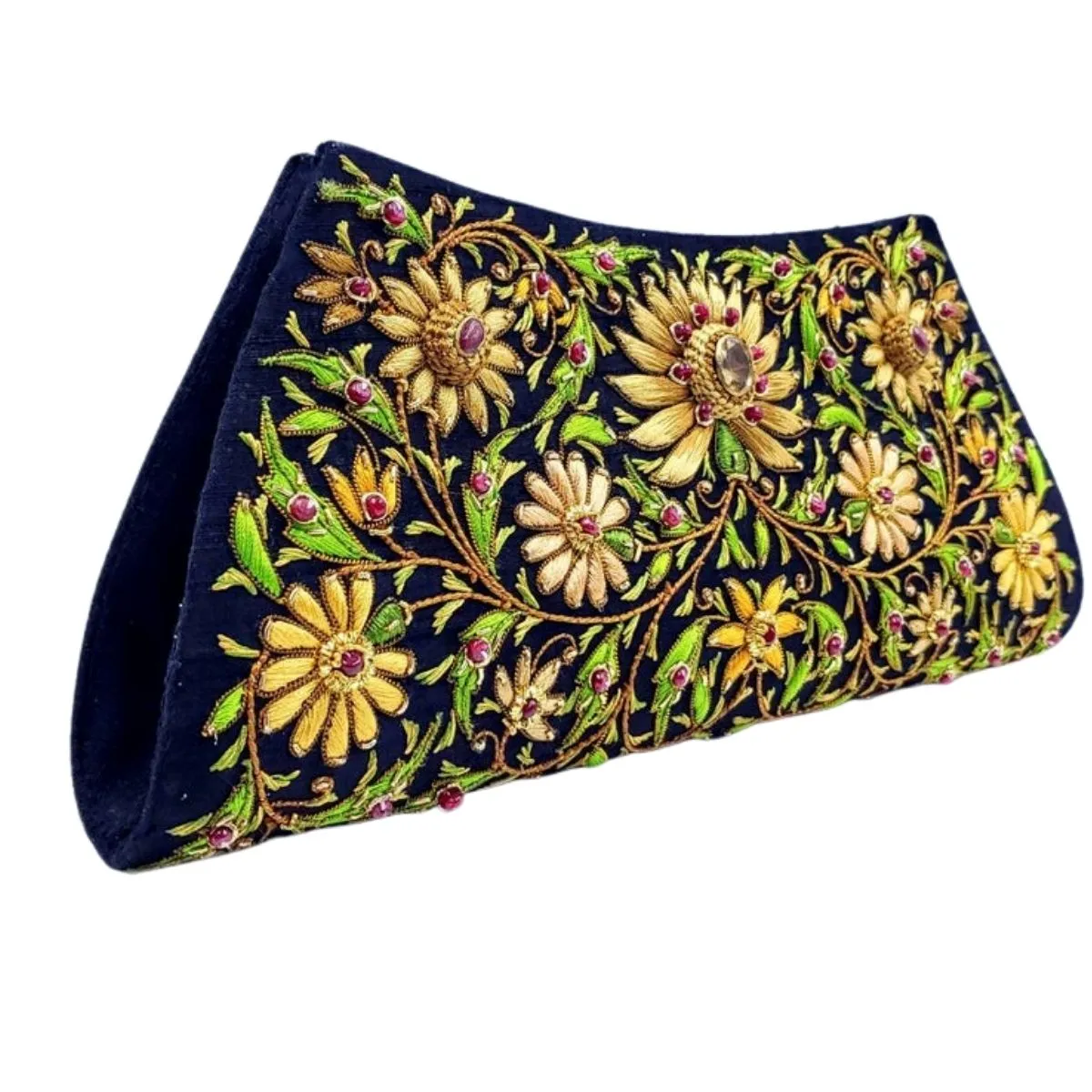 Embroidered Gold Floral Silk Evening Bag with Citrine and Ruby