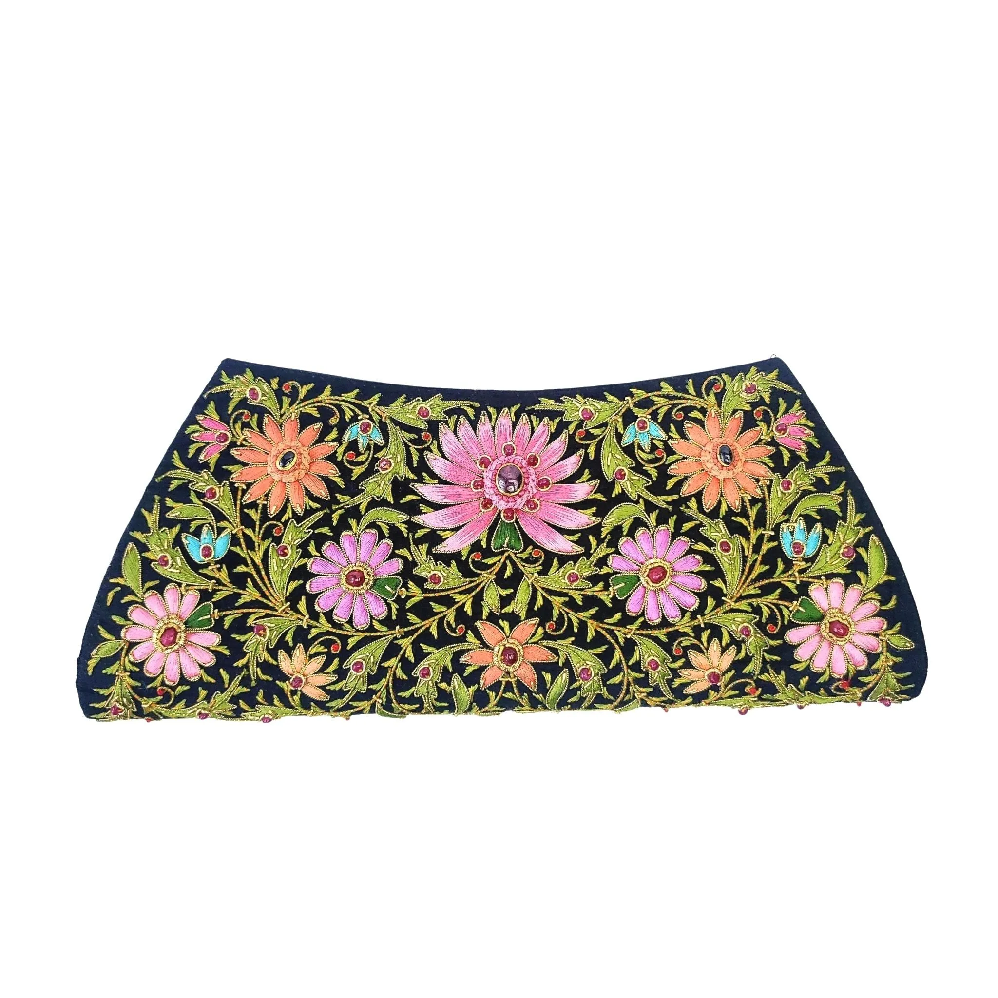 Embroidered Multicolor Floral Silk Evening Bag with Star Ruby