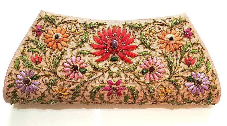 Embroidered Peach Lotus Flower Silk Clutch Bag with Star Ruby
