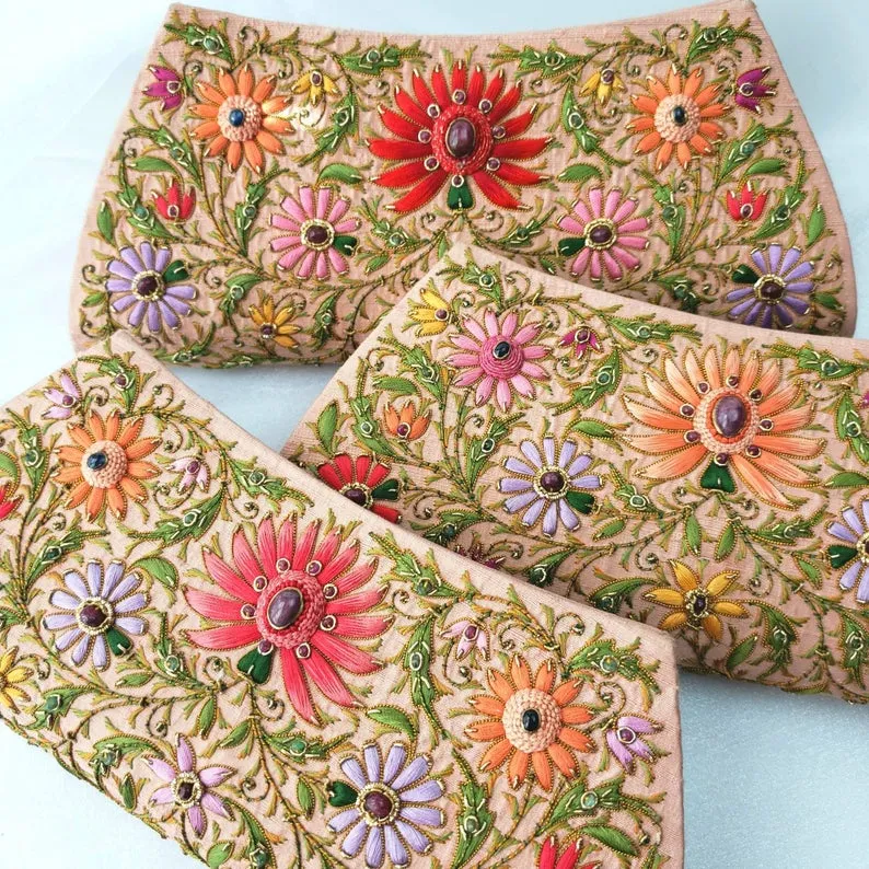 Embroidered Peach Lotus Flower Silk Clutch Bag with Star Ruby