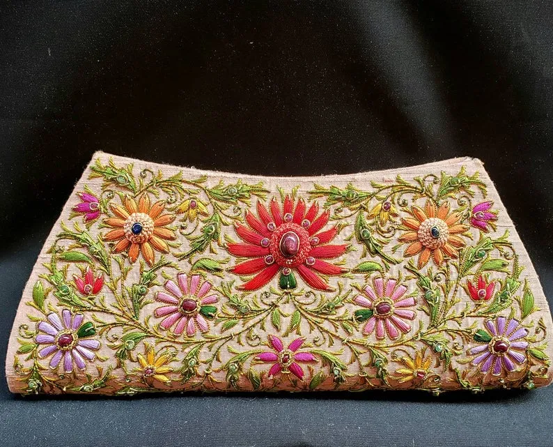 Embroidered Peach Lotus Flower Silk Clutch Bag with Star Ruby