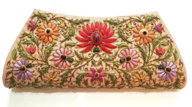 Embroidered Peach Lotus Flower Silk Clutch Bag with Star Ruby