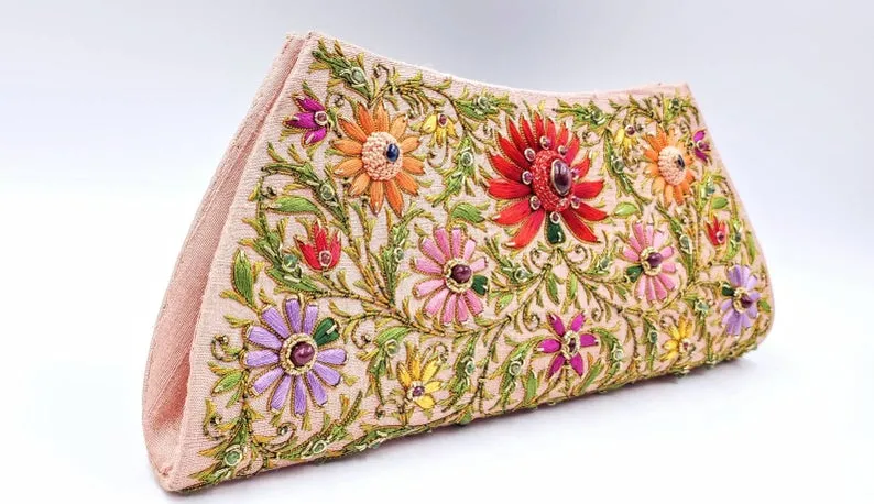 Embroidered Peach Lotus Flower Silk Clutch Bag with Star Ruby