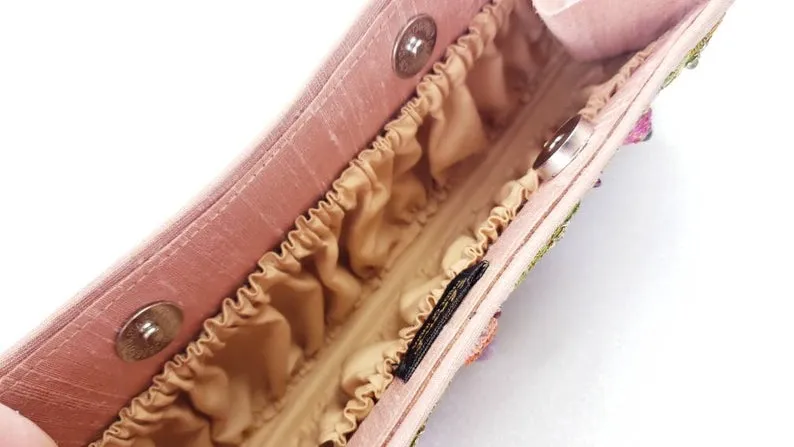 Embroidered Peach Lotus Flower Silk Clutch Bag with Star Ruby