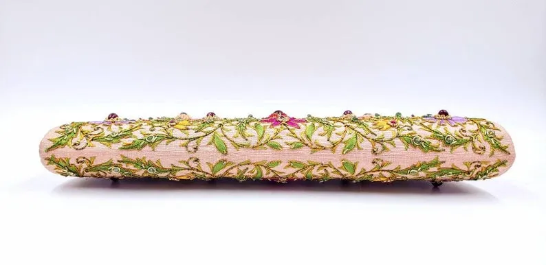 Embroidered Peach Lotus Flower Silk Clutch Bag with Star Ruby