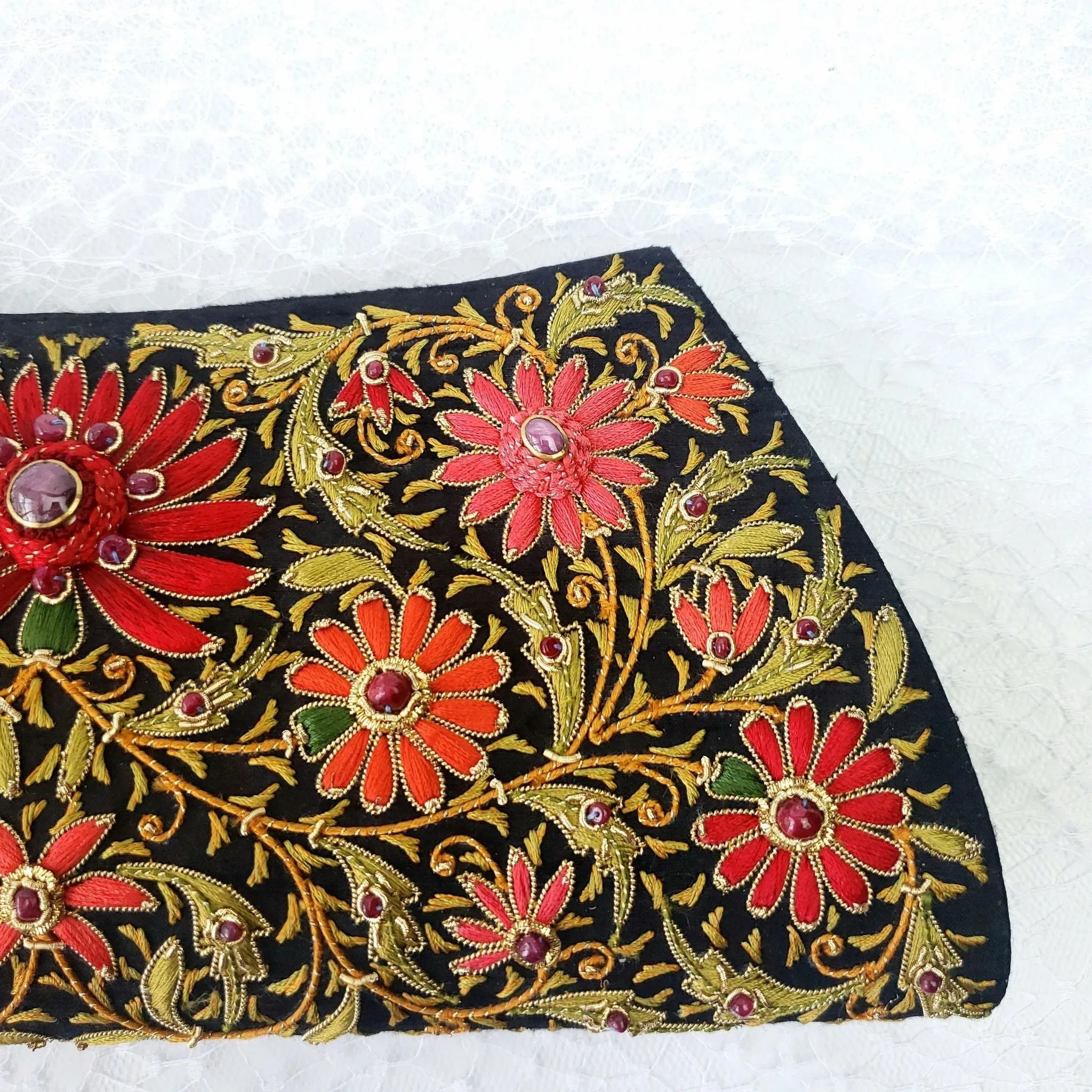 Embroidered Red Floral Silk Evening Clutch Bag with Star Ruby