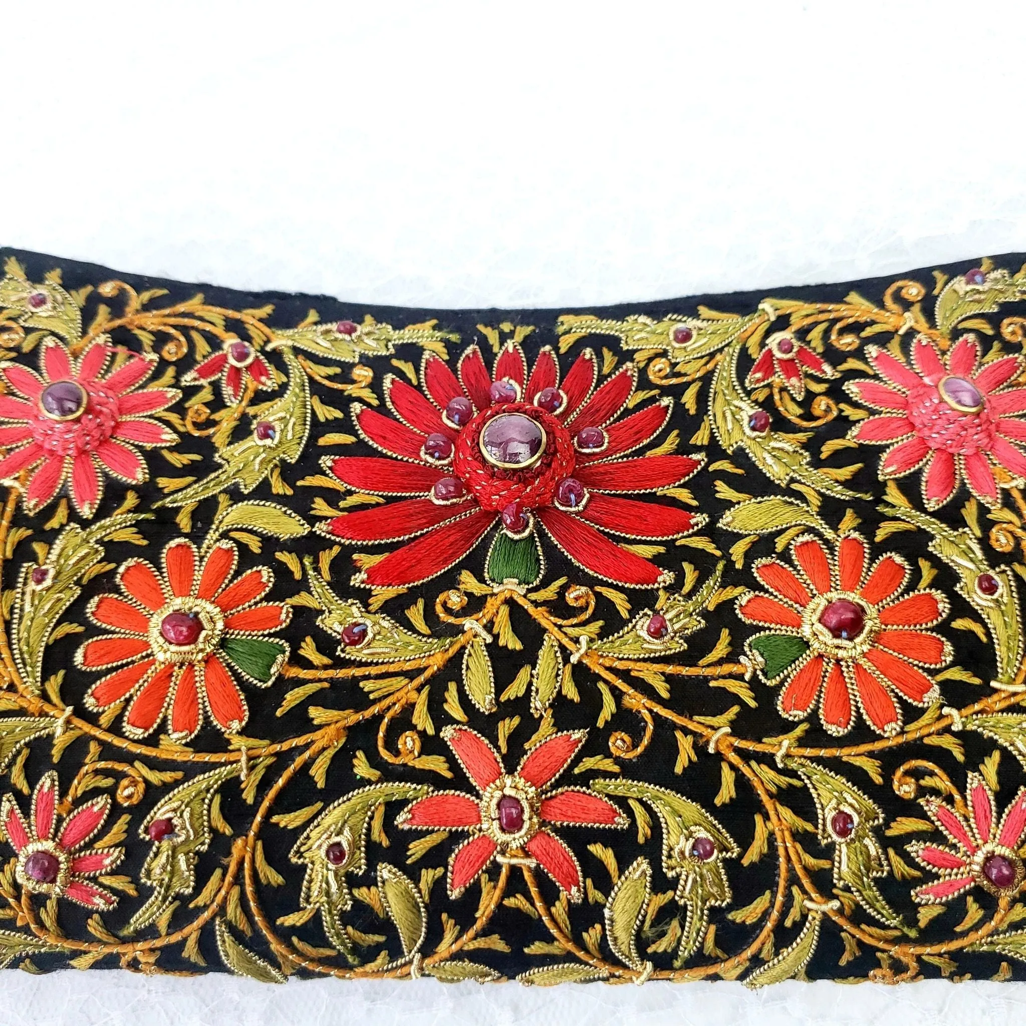 Embroidered Red Floral Silk Evening Clutch Bag with Star Ruby