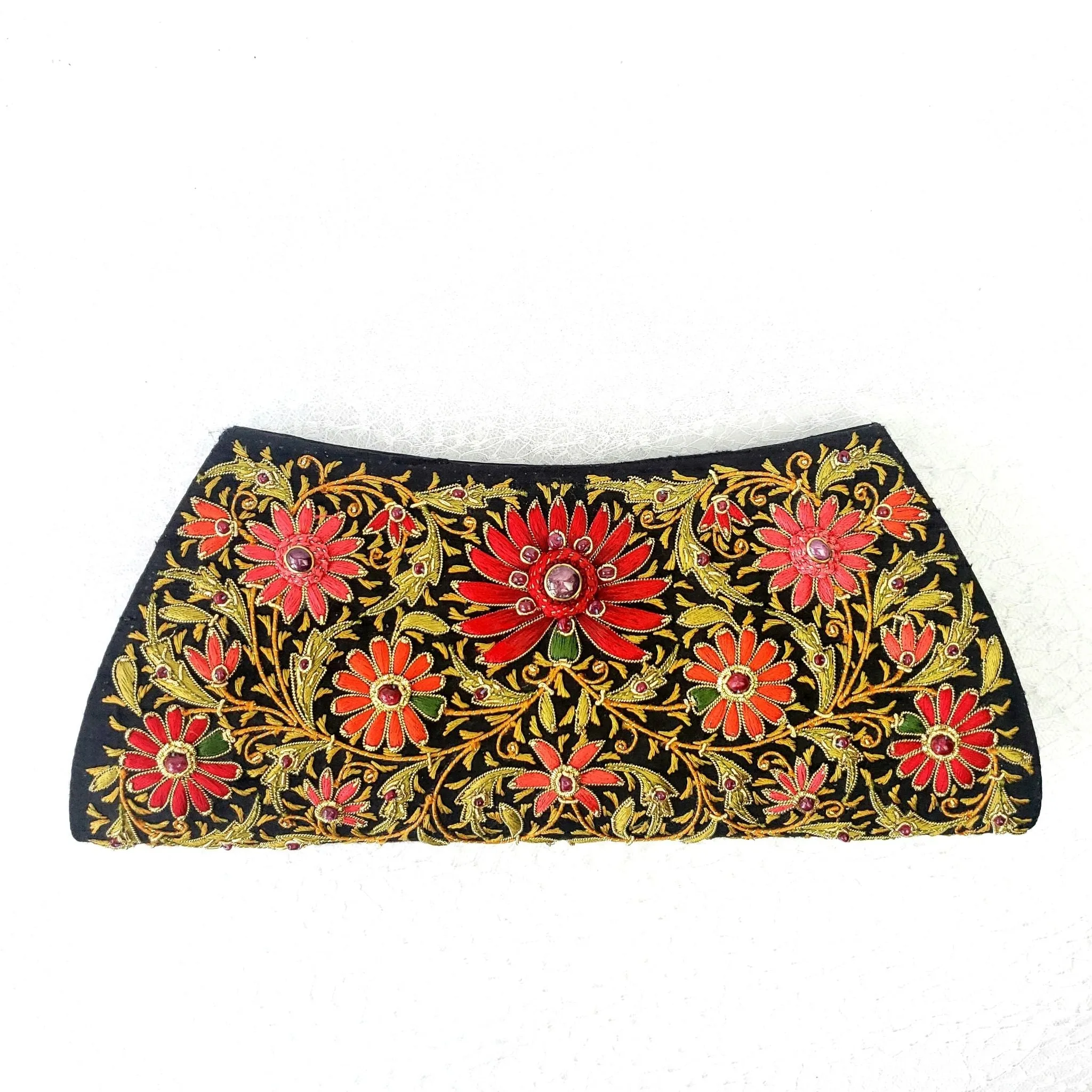 Embroidered Red Floral Silk Evening Clutch Bag with Star Ruby