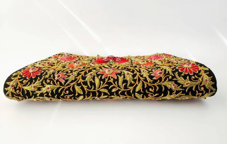 Embroidered Red Floral Silk Evening Clutch Bag with Star Ruby