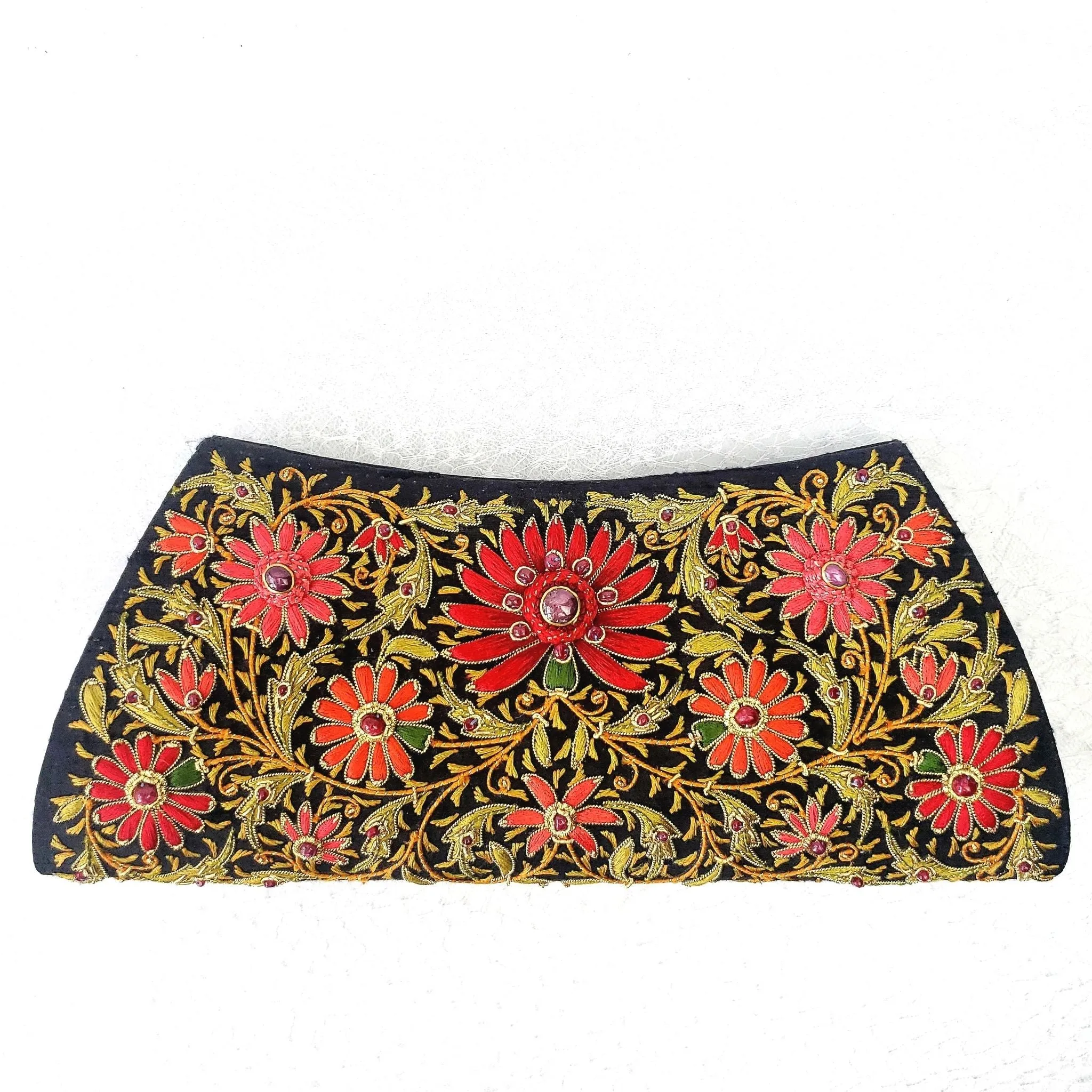 Embroidered Red Floral Silk Evening Clutch Bag with Star Ruby